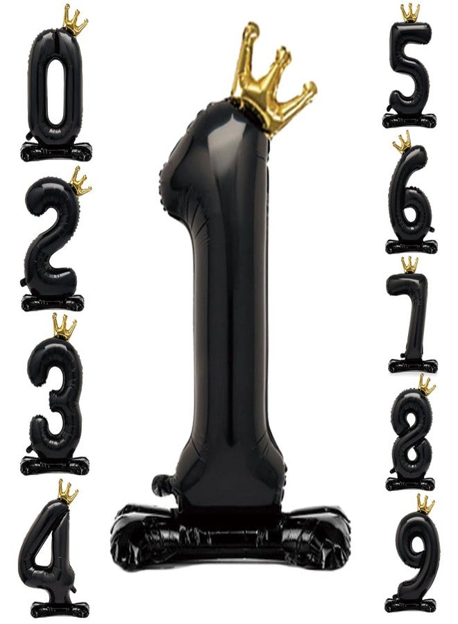Eoopoon 42 Inch Crown Black Number Balloon 0-9, Number 1 Balloon with Base for Boys Girls 1th Birthday Party Decoration, Anniversary Decor Theme Party Supplies (Black 1) - Image 1